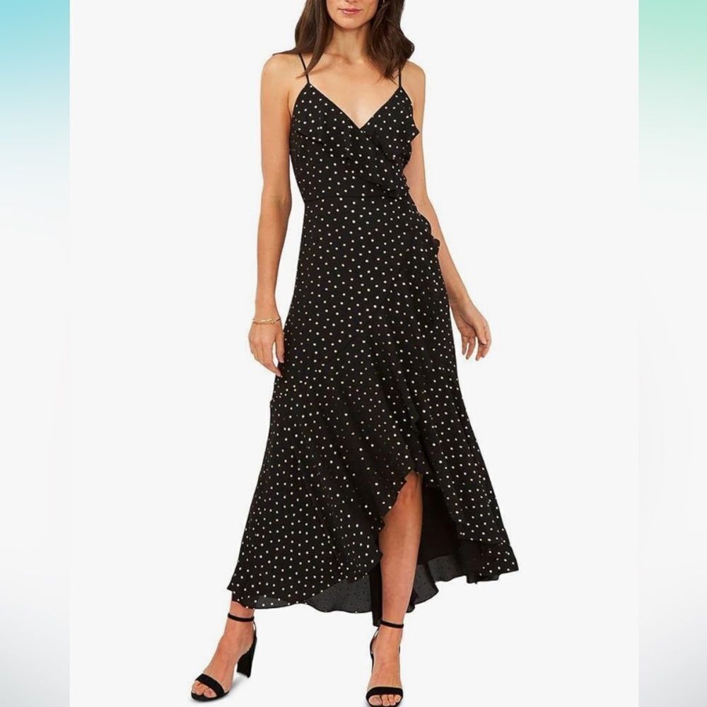 NWT MSK Ruffled Long Wrap Dress Black silver polka dots SIZE S maxi v-neck